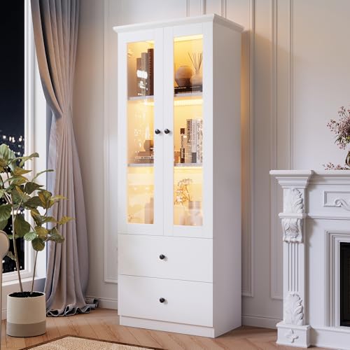 GUPTOMES Moderne LED-Vitrine weiß matt 165 cm hoch, Glasvitrine mit 2 Schubladen, Vertikalvitrine mit verstellbaren Fachböden, Vitrine mit Flügeltüren, MDF-Wohnzimmer von GUPTOMES