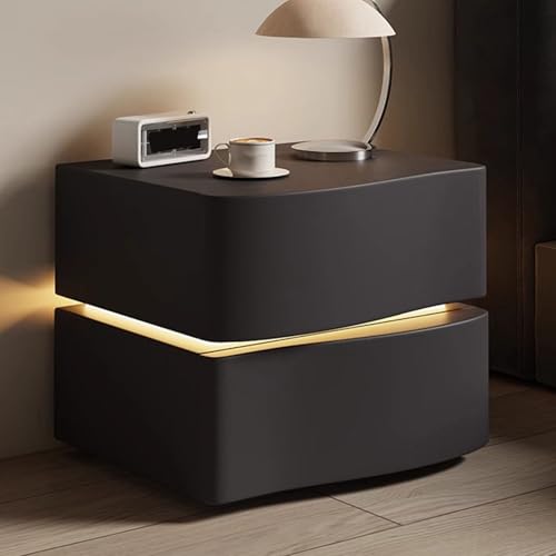 GUQASDV LED-Nachttisch aus Massivholz, Nachttisch aus Holz mit Schublade, moderner Nachttisch für Schlafzimmer, Wohnzimmer (Schwarz mit 2 Schubladen, 45 cm) von GUQASDV