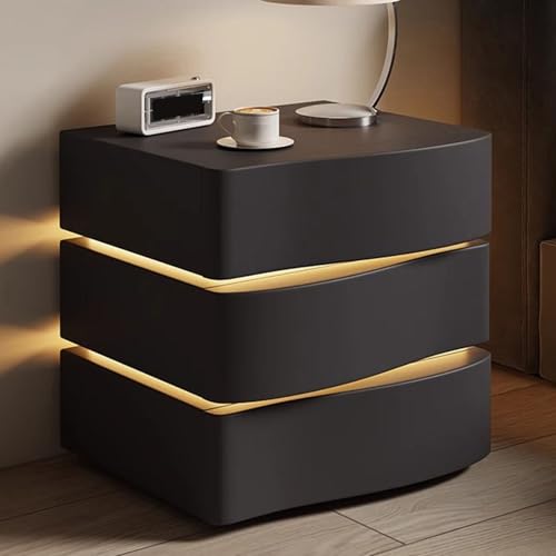 GUQASDV LED-Nachttisch aus Massivholz, Nachttisch aus Holz mit Schublade, moderner Nachttisch für Schlafzimmer, Wohnzimmer (Schwarz mit 3 Schubladen, 40 cm) von GUQASDV