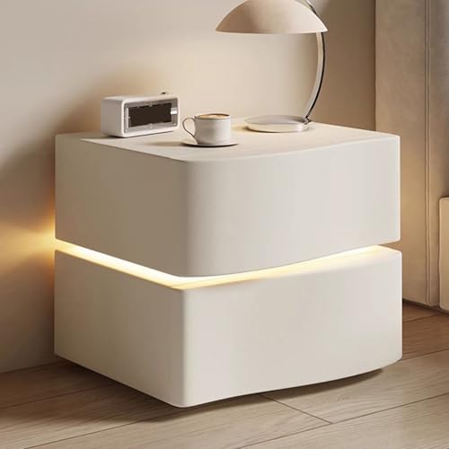GUQASDV LED-Nachttisch aus Massivholz, Nachttisch aus Holz mit Schublade, moderner Nachttisch für Schlafzimmer, Wohnzimmer (weiß mit 2 Stoffen, 50 cm) von GUQASDV