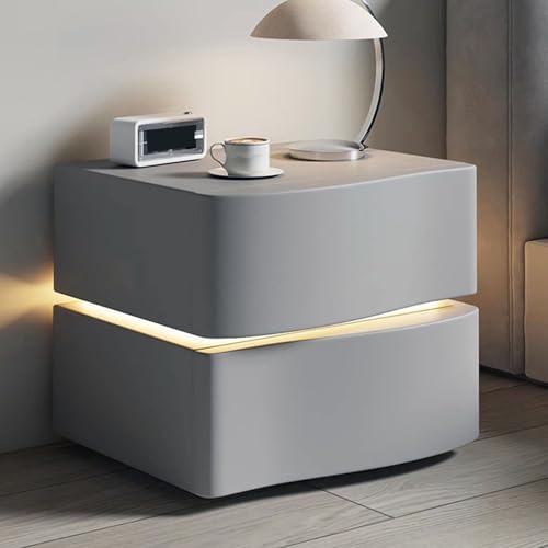 GUQASDV Massivholz Nachttisch Leder mit LED Beleuchtung Holz Nachttisch mit Schublade, moderner Nachttisch für Schlafzimmer, Wohnzimmer(Grey with 2 Drawer,50cm/19.6in) von GUQASDV