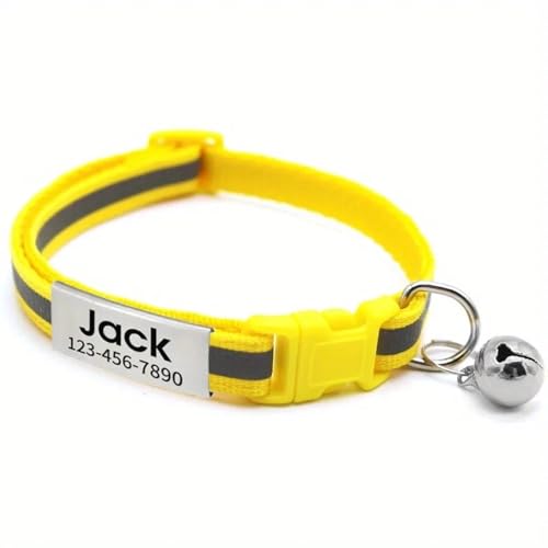 Custom ID -Tag Reflective Kätzchen Welpen Sicherheitskragen Mit Glocken Personalisierter Verstellbarer Yorkshire Terrier Chihuahua Kragen,Gelb,22-35 cm von GUQOFAIE