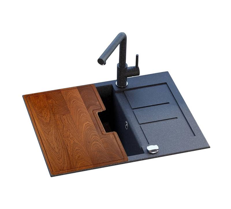 GURARI Granitspüle SQT 102 -601 AWP+SQT-472.320, (2 St), Küchenspüle, Einbau Granitspüle Schwarz, inkl. Siphon+SCHNEIDEBRETT von GURARI