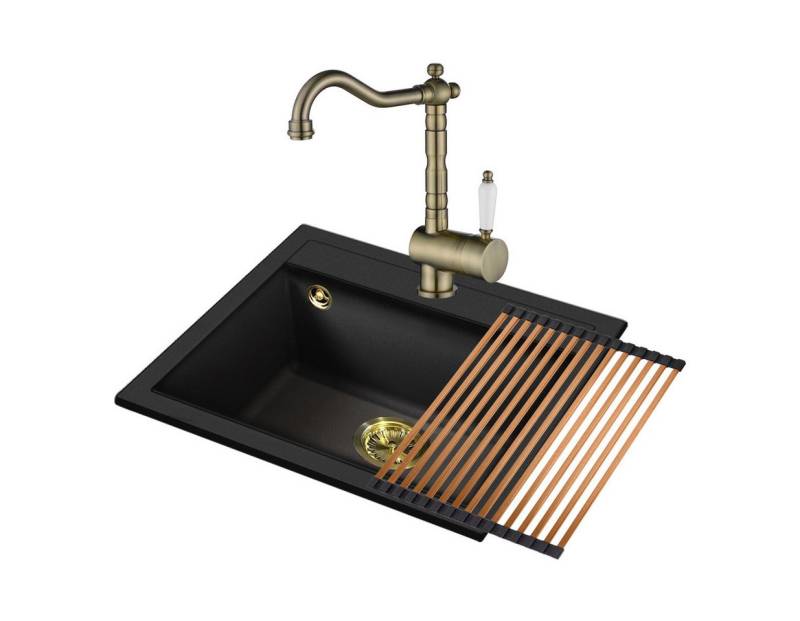 GURARI Küchenspüle SQQ100 - 601 + TAP 2473-311+RM-2845-C, (3 St), Einbau Granitspüle+ Retro Küchenarmatur+Aufrollbare Abtropfmatte von GURARI