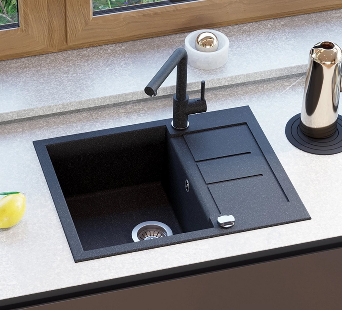 GURARI Küchenspüle SQT 102 -601 AWP+5553 E2, 62/50 cm, (2 St), Einbau Granitspüle Schwarz+Edelstahl Armatur von GURARI