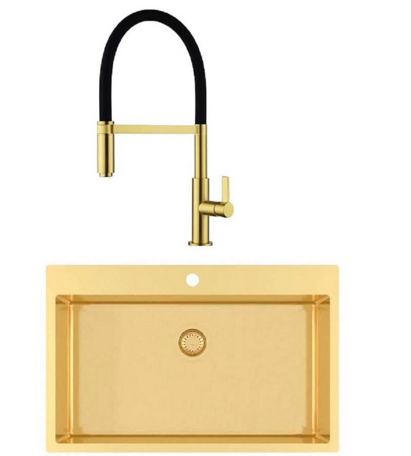GURARI Küchenspüle TERRA 100 M-G+Tap 7003-G, Edelstahlspüle mit Küchenarmatur Gold Design, (2 St) von GURARI