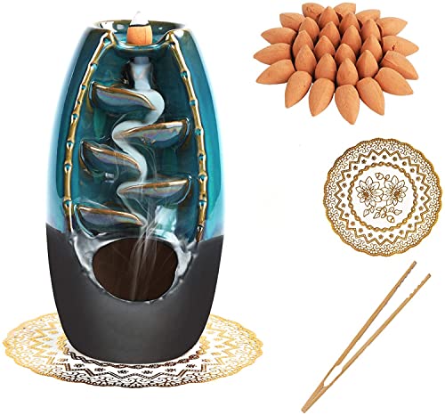 GURECOD Keramik Reflowable Weihrauch Brenner mit 50 Sandelholz Sticks + 1 Pinzette + 1 Spacer, Aroma Dekorative Home, Blau Set von GURECOD