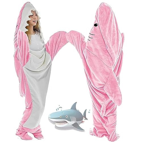 GURIDO Shark Blanket Hai Decke Erwachsene,Flanell Sofa Kuscheldecke Hai Decke Schlafsack,Tragbare Shark Blanket Hoodie,Hai Kostüm Onesie Geschenk für Teenager,Erwachsene,Hai-Liebhaber,Pink-140cm von GURIDO