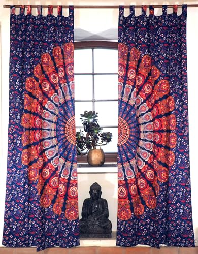 GURU SHOP Boho Vorhänge, Gardine (1 Paar) mit Schlaufen, Handbedruckter Ethno Style Vorhang, Mandala Motiv - Blau/rot, Baumwolle, 215x100x0 cm von GURU SHOP