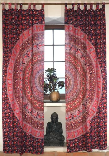 Boho Vorhänge, Gardine (1 Paar) mit Schlaufen, handbedruckter Ethno Style Vorhang, Mandala Motiv - lila/rot/Vorhänge und Gardinen von GURU SHOP