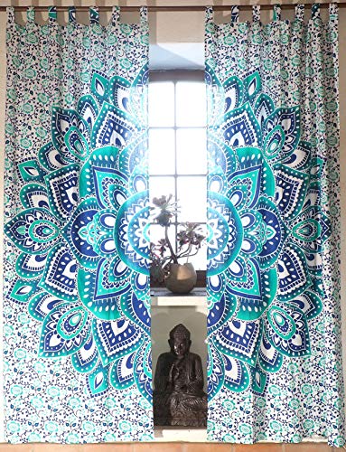 GURU SHOP Boho Vorhänge, Gardine (1 Paar) mit Schlaufen, Handbedruckter Ethno Style Vorhang, Mandala Motiv - Weiß/türkis/blau, Baumwolle, 230x100xx cm, Dekovorhänge von GURU SHOP