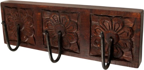 GURU SHOP 3`er Wandhaken Ornament, Indische Vintage Garderobe, Schlüsselbrett, Braun, Holz, 10x30x2 cm, Wandhaken aus Holz, Metall & Keramik von GURU SHOP