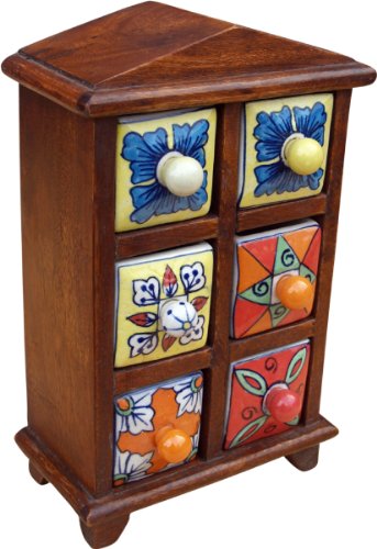 GURU SHOP Apothekerschränkchen mit Bunten Keramik Schubfächern, Gewürzkiste - 2x3 Fächer Modell 2, Braun, 30x18x10 cm, Dosen, Boxen & Schatullen von GURU SHOP