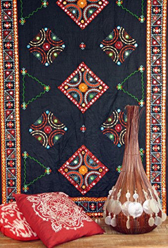 GURU SHOP Besticktes Tuch mit Spiegelchen, Indisches Boho Wandtuch, Pareo - Schwarz, Baumwolle, 105x210x0,2 cm, Bettüberwurf, Sofa Überwurf von GURU SHOP