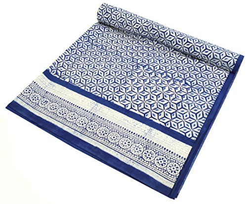 GURU SHOP Blockdruck Tagesdecke, Bett & Sofaüberwurf, Handgearbeiteter Wandbehang, Wandtuch - Design 11, Blau, Baumwolle, Größe: Single 150x200 cm, Tagesdecken mit Blockdruck von GURU SHOP