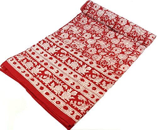 GURU SHOP Blockdruck Tagesdecke, Bett & Sofaüberwurf, Handgearbeiteter Wandbehang, Wandtuch - Design 12, Rot, Baumwolle, Größe: Double 225x275 cm, Tagesdecken mit Blockdruck von GURU SHOP