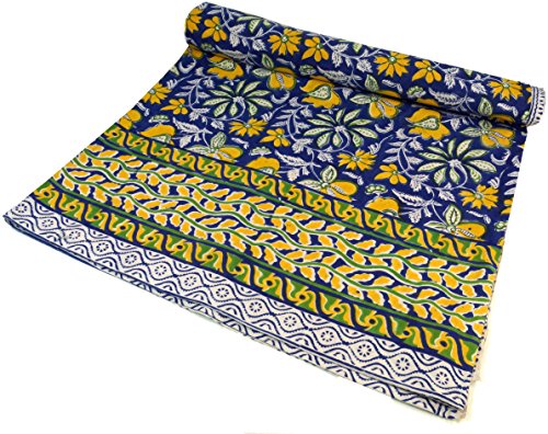 GURU SHOP Blockdruck Tagesdecke, Bett & Sofaüberwurf, Handgearbeiteter Wandbehang, Wandtuch - Design 21, Blau, Baumwolle, Größe: Single 150x200 cm, Wohnaccessoires in Frischen Farben von GURU SHOP