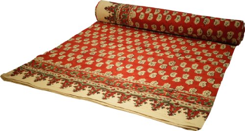 GURU SHOP Blockdruck Tagesdecke, Bett & Sofaüberwurf, Handgearbeiteter Wandbehang, Wandtuch - Design 31, Rot, Baumwolle, Größe: Double 225x275 cm, Tagesdecken mit Blockdruck von GURU SHOP