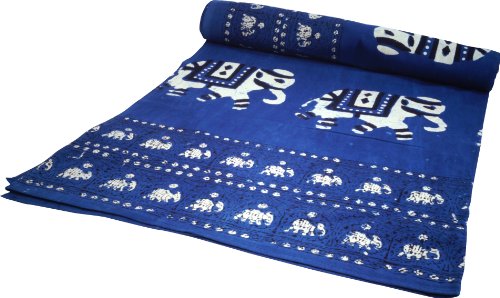 GURU SHOP Blockdruck Tagesdecke, Bett & Sofaüberwurf, Handgearbeiteter Wandbehang, Wandtuch - Design 7, Blau, Baumwolle, Größe: Double 225x275 cm, Tagesdecken mit Blockdruck von GURU SHOP