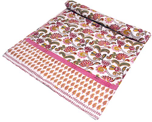 GURU SHOP Blockdruck Tagesdecke, Bett & Sofaüberwurf, Handgearbeiteter Wandbehang, Wandtuch - Design 8, Rosa, Baumwolle, Größe: Double 225x275 cm, Tagesdecken mit Blockdruck von GURU SHOP