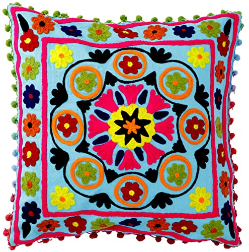 GURU SHOP Boho Kissenhülle, Farbenfrohes Besticktes Folklore Kissen im Mexikanischem Style - Türkis/pink, Blau, Baumwolle, 40x40x0,5 cm, Zierkissen, Dekokissen, Sofakissen von GURU SHOP