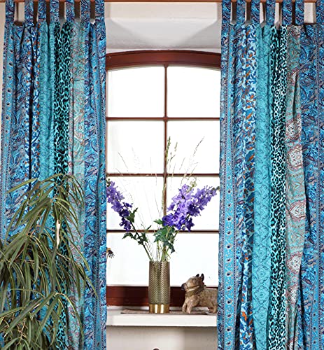 GURU SHOP Boho Patchwork Vorhänge, 1 Paar Bohemia Gardine aus Sareestoff, Unikat 300 cm - Türkis, Blau, Synthetisch, Dekovorhänge von GURU SHOP