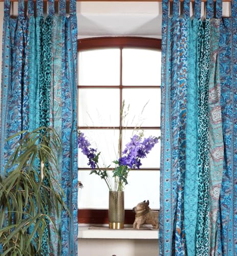 GURU SHOP Boho Patchwork Vorhänge, 1 Paar Bohemia Gardine aus Sareestoff, Unikat 300 cm - Türkis, Synthetisch von GURU SHOP