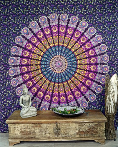 GURU SHOP Boho-Style Wandbehang, Indische Tagesdecke Mandala Druck- Blau/lila, Violett, Baumwolle, 220x210xx cm, Bettüberwurf, Sofa Überwurf von GURU SHOP