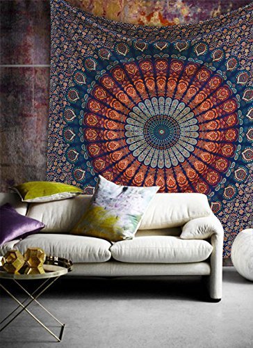 GURU SHOP Boho-Style Wandbehang, Indische Tagesdecke Mandala Druck- Blau/orange, Baumwolle, 215x200x0,2 cm, Bettüberwurf, Sofa Überwurf von GURU SHOP