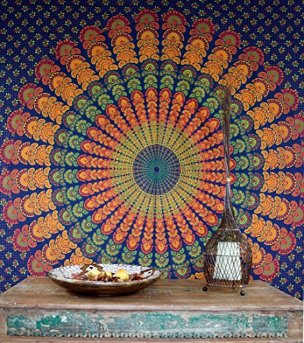GURU SHOP Boho-Style Wandbehang, Indische Tagesdecke Mandala Druck - Blau/orange/grün, Baumwolle, 220x210 cm, Bettüberwurf, Sofa Überwurf von GURU SHOP
