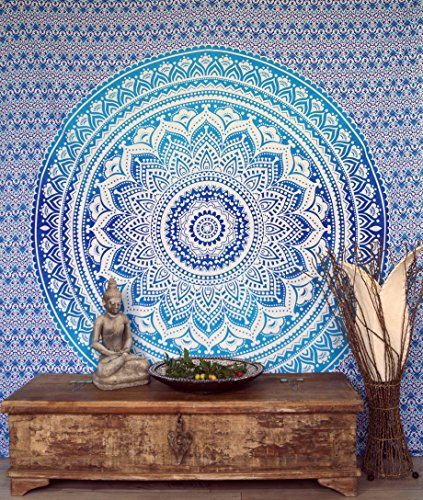 GURU SHOP Boho-Style Wandbehang, Indische Tagesdecke Mandala Druck- Blau/türkis, Baumwolle, 230x210x0,2 cm, Bettüberwurf, Sofa Überwurf von GURU SHOP