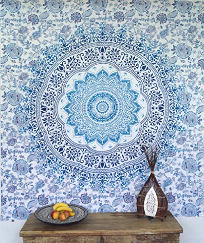 GURU SHOP Boho-Style Wandbehang, Indische Tagesdecke Mandala Druck - Blau/türkis/weiß, Baumwolle, 210x220x0,2 cm, Bettüberwurf, Sofa Überwurf von GURU SHOP