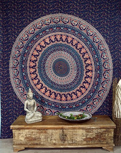 GURU SHOP Boho-Style Wandbehang, Indische Tagesdecke Mandala Druck- Blau/weiß/orange, Baumwolle, 230x210x0,2 cm, Bettüberwurf, Sofa Überwurf von GURU SHOP