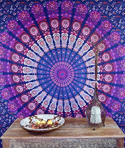 GURU SHOP Boho-Style Wandbehang, Indische Tagesdecke Mandala Druck- Lila/blau, Violett, Baumwolle, 240x210x0,2 cm, Bettüberwurf, Sofa Überwurf von GURU SHOP