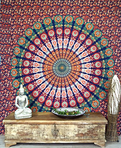 GURU SHOP Boho-Style Wandbehang, Indische Tagesdecke Mandala Druck- Orange/blau, Rot, Baumwolle, 210x230x0,5 cm, Bettüberwurf, Sofa Überwurf von GURU SHOP