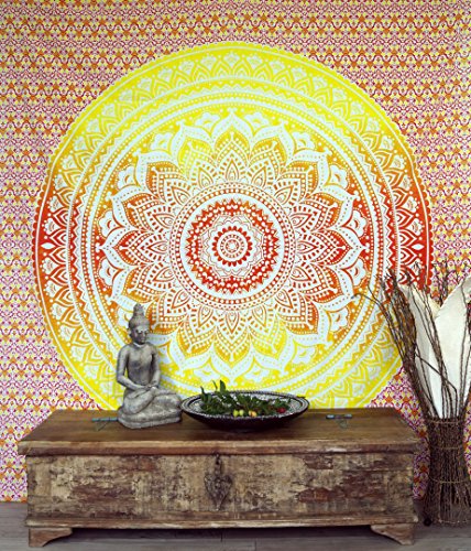 GURU SHOP Boho-Style Wandbehang, Indische Tagesdecke Mandala Druck - Orange/gelb, Baumwolle, 230x210x0,2 cm, Bettüberwurf, Sofa Überwurf von GURU SHOP