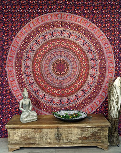 GURU SHOP Boho-Style Wandbehang, Indische Tagesdecke Mandala Druck- Rot, Baumwolle, 230x210x0,2 cm, Bettüberwurf, Sofa Überwurf von GURU SHOP