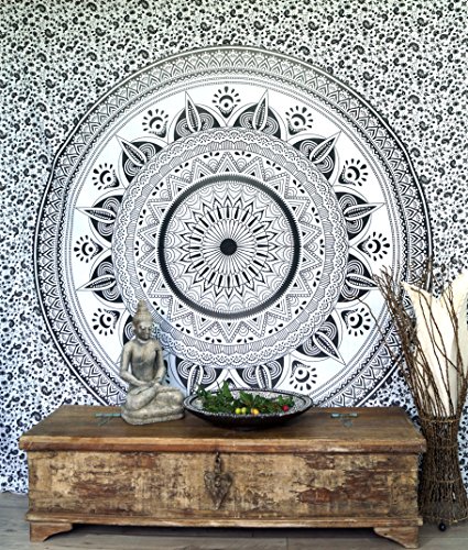 GURU SHOP Boho-Style Wandbehang, Indische Tagesdecke Mandala Druck- Schwarz/weiß, Baumwolle, 230x210x0,2 cm, Bettüberwurf, Sofa Überwurf von GURU SHOP