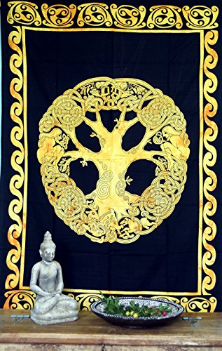 GURU SHOP Boho-Style Wandbehang, Indische Tagesdecke - Tree of Life/Goldgelb, Baumwolle, 190x140 cm, Bettüberwurf, Sofa Überwurf von GURU SHOP