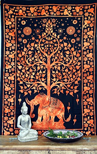 GURU SHOP Boho-Style Wandbehang, Indische Tagesdecke - Tree of Life Elefant/Orange, Baumwolle, 190x140x0,2 cm, Bettüberwurf, Sofa Überwurf von GURU SHOP