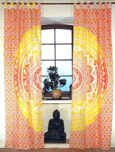 GURU SHOP Boho Vorhänge, Gardine (1 Paar) mit Schlaufen, Handbedruckter Ethno Style Vorhang, Mandala Motiv - Orange/gelb, Baumwolle, 215x100x0 cm von GURU SHOP