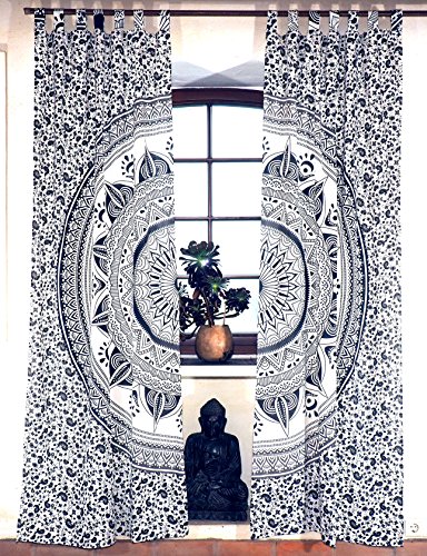 GURU SHOP Boho Vorhänge, Gardine (1 Paar) mit Schlaufen, Handbedruckter Ethno Style Vorhang, Mandala Motiv - Weiß/grau, Baumwolle, 230x100x0,2 cm, Dekovorhänge von GURU SHOP