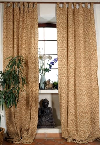 GURU SHOP Boho Vorhänge, überlange Gardine (1 Paar) mit Schlaufen, Handbedruckter Ethno Style Vorhang - Ikat Muster, Baumwolle, 250x100x0 cm von GURU SHOP