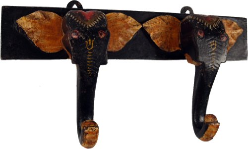 GURU SHOP Doppel Wandhaken Elefant aus Holz, Hakenleiste, Garderobe/Schwarz, 16x32x6 cm, Wandhaken aus Holz, Metall & Keramik von GURU SHOP