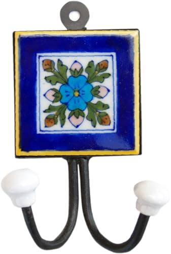 GURU SHOP Doppelwandhaken, Garderobenhaken mit Handgefertigter Blue Pottery Keramik Fliese - Modell 13, Blau, 15x10x5,5 cm, Wandhaken aus Holz, Metall & Keramik von GURU SHOP