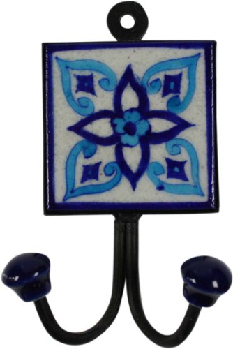 GURU SHOP Doppelwandhaken, Garderobenhaken mit Handgefertigter Blue Pottery Keramik Fliese - Modell 8, Blau, 15x8x4 cm, Wandhaken aus Holz, Metall & Keramik von GURU SHOP
