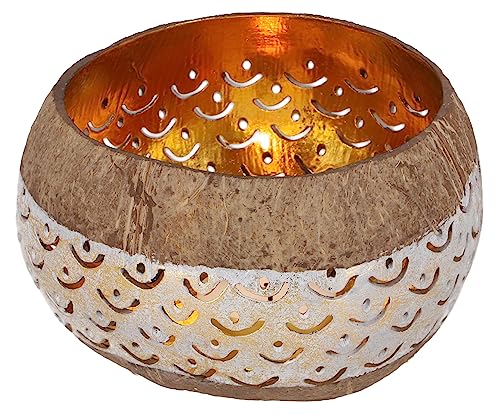 GURU SHOP Exotisches Kokosnuss Teelicht - Modell 5 Weiß, Mehrfarbig, Kokosnuß, 9x14x14 cm, Teelichthalter & Kerzenhalter von GURU SHOP