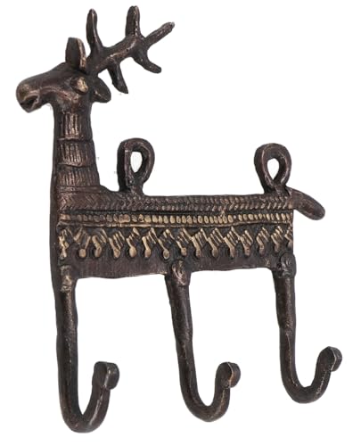 GURU SHOP Filigran Verzierter 3`er Messing Wandhaken, Wandgarderobe, Schlüsselhalter mit Gravur - Hirsch/Antikbraun, 13x13x3 cm von GURU SHOP