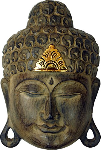 GURU SHOP Geschnitzte Buddha Maske mit Goldverzierung, Wandschmuck, Ethno Wanddekoration aus Balsaholz, Größe: 40 cm, Buddhas von GURU SHOP