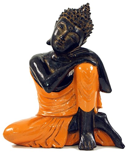 GURU SHOP Geschnitzte Sitzender Buddha Figur, Träumender Buddha - Orange/rechts, 28x21x12 cm, Buddhas von GURU SHOP